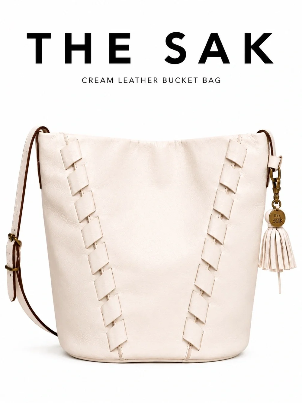 The Sak Cream Leather Bucket Bag Tassel Shoulder Bag Boho Minimalist - Picture 1 of 13